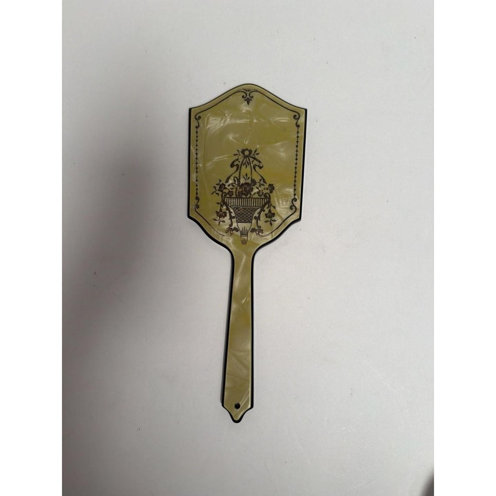 Vintage 1920s Art Deco Yellow‎ Celluloid Hand Mirror with Floral Basket Design